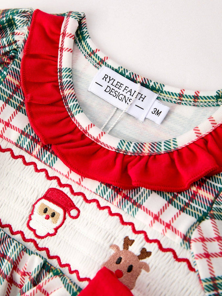 Christmas Plaid Smocking Embroidered Girls Bloomers Romper Set - The Edit LLC