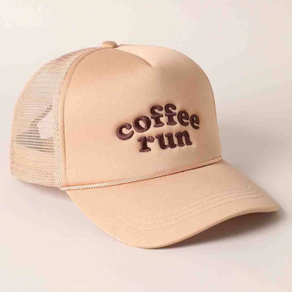 Coffee Run Embroidered Trucker Cap: LATTE / One Size - The Edit LLC