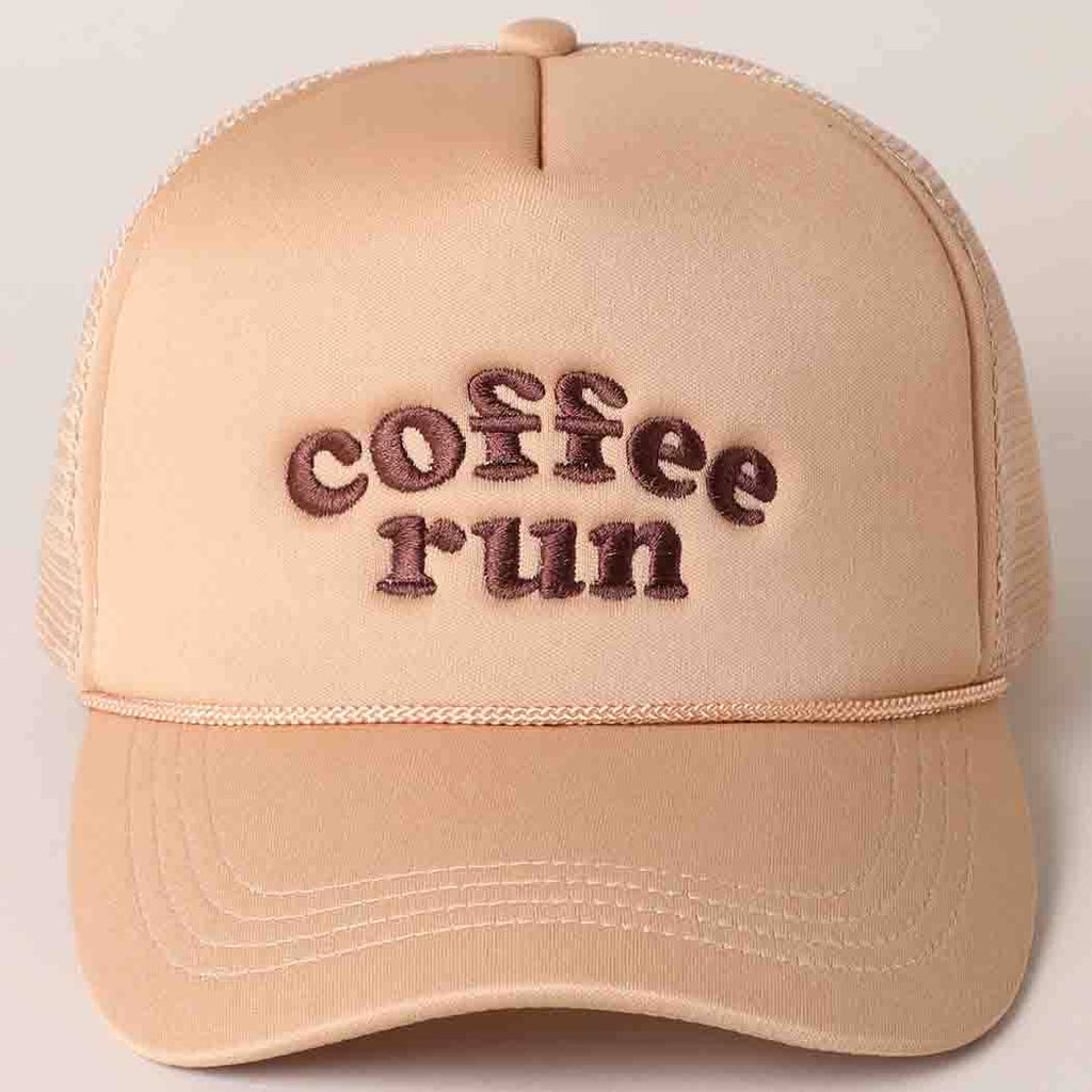 Coffee Run Embroidered Trucker Cap: LATTE / One Size - The Edit LLC