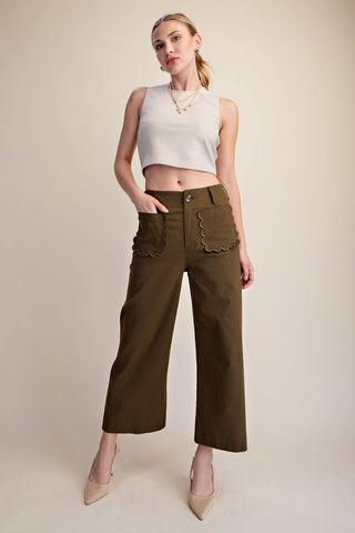 Colette Cropped Scallop Pocket Detail Wide-Leg Pants: Burgundy / S - The Edit LLC