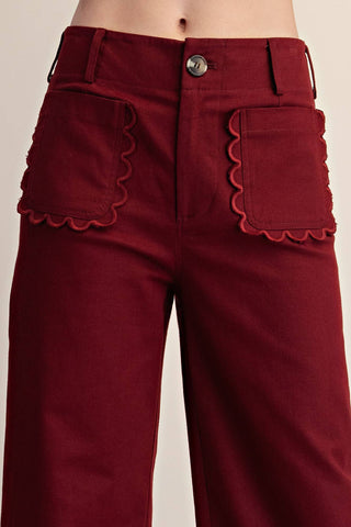 Colette Cropped Scallop Pocket Detail Wide-Leg Pants: Burgundy / S - The Edit LLC