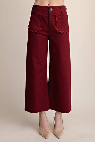 Colette Cropped Scallop Pocket Detail Wide-Leg Pants: Burgundy / S - The Edit LLC