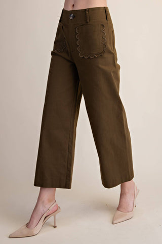 Colette Cropped Scallop Pocket Detail Wide-Leg Pants: Burgundy / S - The Edit LLC