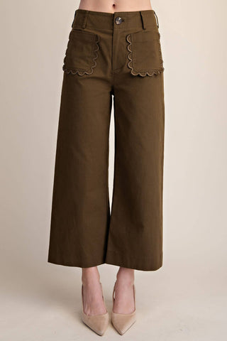 Colette Cropped Scallop Pocket Detail Wide-Leg Pants: Burgundy / S - The Edit LLC