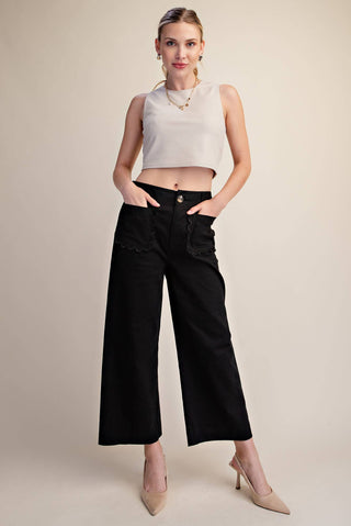 Colette Cropped Scallop Pocket Detail Wide-Leg Pants: Burgundy / S - The Edit LLC
