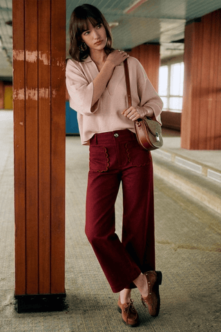 Colette Cropped Scallop Pocket Detail Wide-Leg Pants: Burgundy / S - The Edit LLC