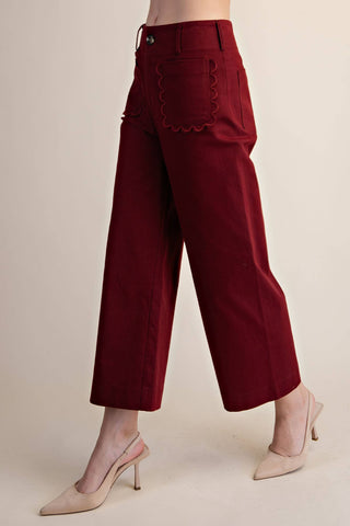 Colette Cropped Scallop Pocket Detail Wide-Leg Pants: Burgundy / S - The Edit LLC