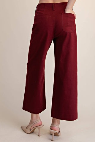 Colette Cropped Scallop Pocket Detail Wide-Leg Pants: Burgundy / S - The Edit LLC