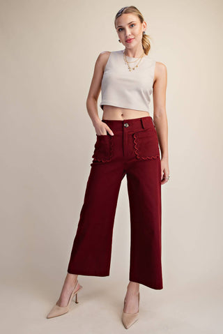 Colette Cropped Scallop Pocket Detail Wide-Leg Pants: Burgundy / S - The Edit LLC