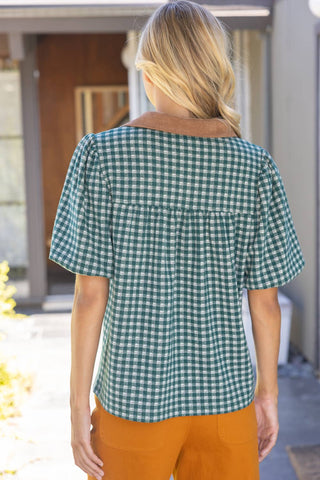 Contrast Collared V-Neck Plaid Knit Top - The Edit LLC