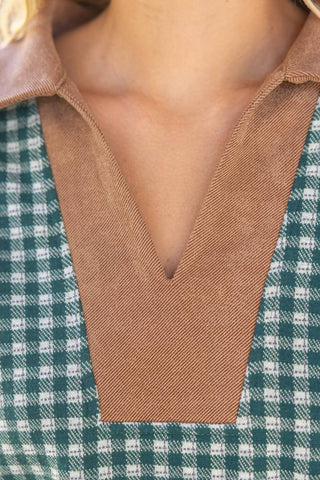 Contrast Collared V-Neck Plaid Knit Top - The Edit LLC