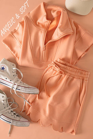 Coral Half-Zip Scallop Active Shorts Set - The Edit LLC