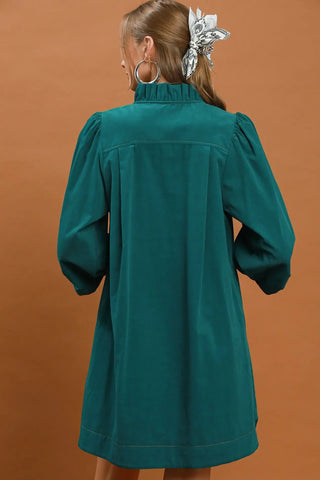 Corduroy Split Neck Puff Sleeve Dress - The Edit LLC