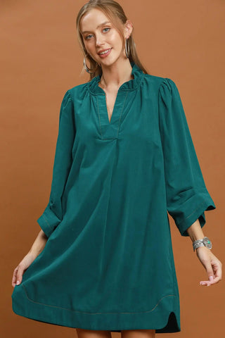 Corduroy Split Neck Puff Sleeve Dress - The Edit LLC