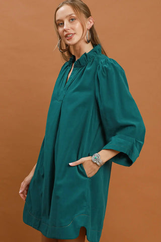 Corduroy Split Neck Puff Sleeve Dress - The Edit LLC