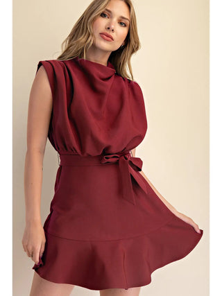 Cowl Neck Sleeveless Waist Mini Dress - Burgundy - The Edit LLC