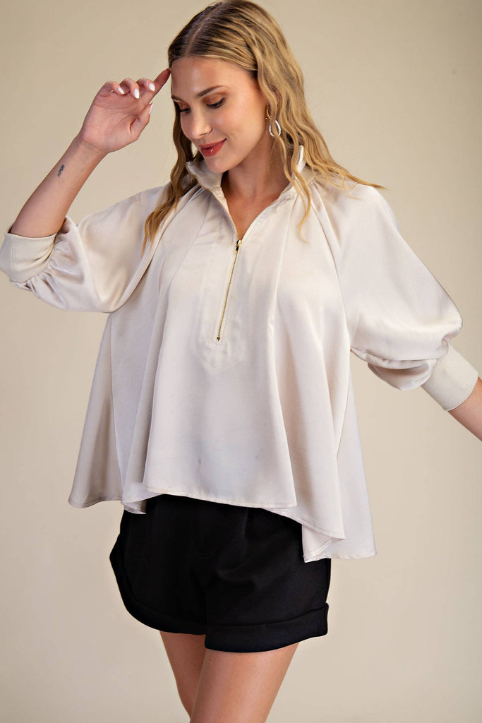 Cream Mock Neck Band Puff Sleeve Blouse - The Edit LLC
