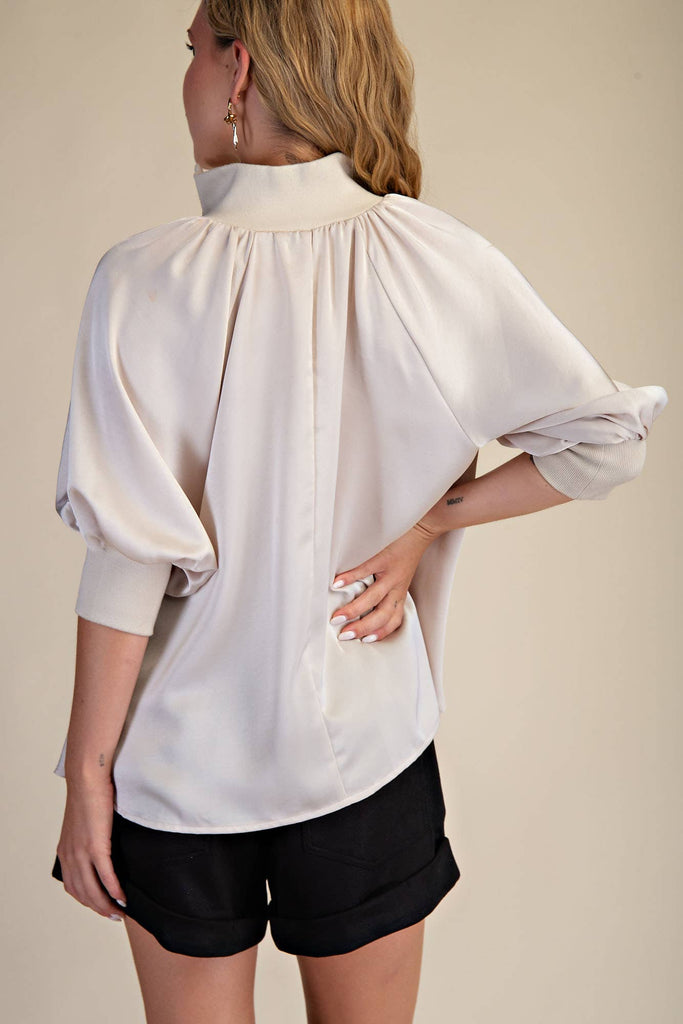 Cream Mock Neck Band Puff Sleeve Blouse - The Edit LLC