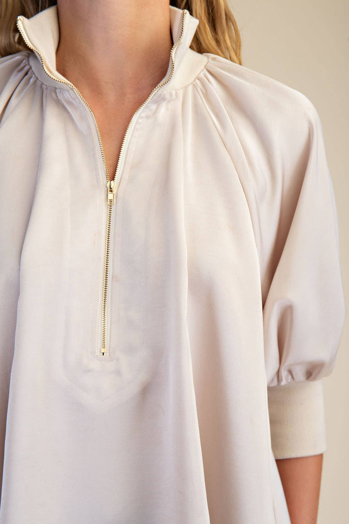 Cream Mock Neck Band Puff Sleeve Blouse - The Edit LLC