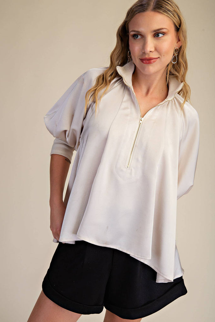 Cream Mock Neck Band Puff Sleeve Blouse - The Edit LLC