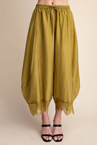 Cropped Lace Trim Balloon Pants: Olive / S - The Edit LLC