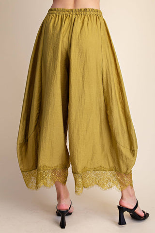 Cropped Lace Trim Balloon Pants: Olive / S - The Edit LLC