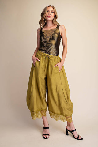 Cropped Lace Trim Balloon Pants: Olive / S - The Edit LLC