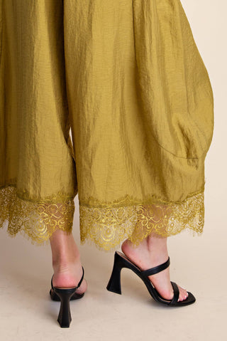 Cropped Lace Trim Balloon Pants: Olive / S - The Edit LLC