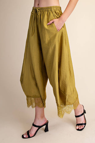 Cropped Lace Trim Balloon Pants: Olive / S - The Edit LLC