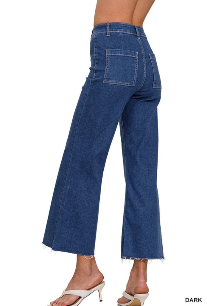 Dark Denim Cropped High Waist Wide Leg Jeans - The Edit LLC