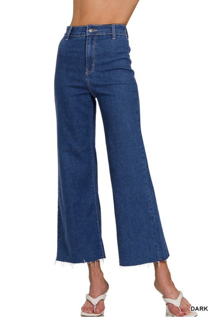 Dark Denim Cropped High Waist Wide Leg Jeans - The Edit LLC