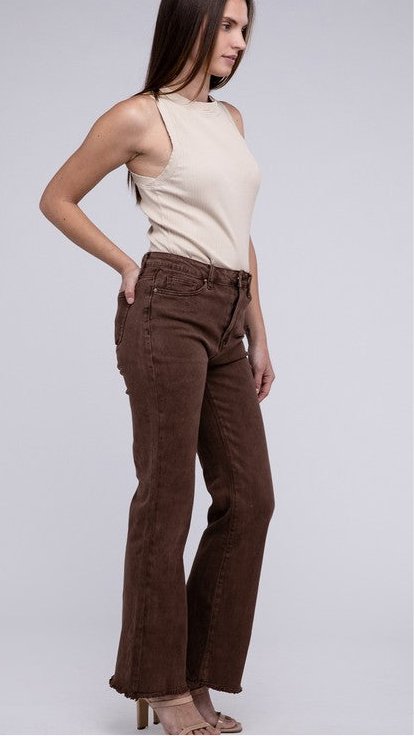 Dark Mahogany Frayed Acid Wash Cutoff Straight Wide Jeans - The Edit LLC