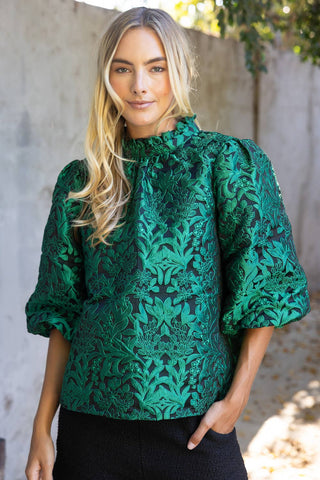 3/4th Bubble Sleeve Tie Back Floral Jacqaurd Top