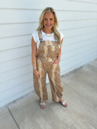 Deer Bambi Print Loose Fit Barrel Denim Overall - The Edit LLC