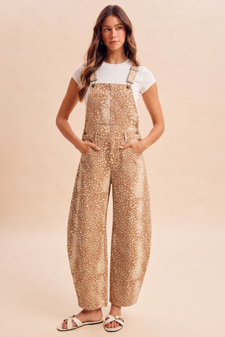 Deer Bambi Print Loose Fit Barrel Denim Overall - The Edit LLC