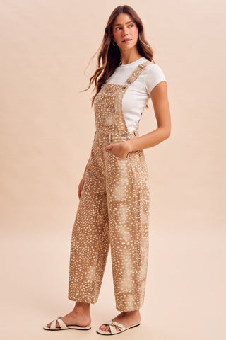 Deer Bambi Print Loose Fit Barrel Denim Overall - The Edit LLC