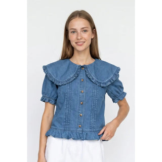 Denim Peter Pan Collared Blouse - The Edit LLC