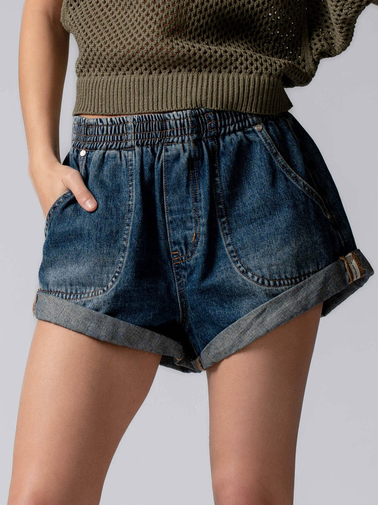 Denim Spring Elastic Waist Cuffed Print Shorts - The Edit LLC