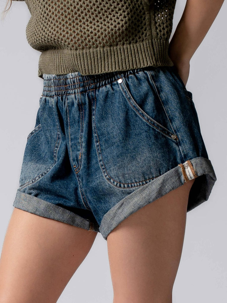 Denim Spring Elastic Waist Cuffed Print Shorts - The Edit LLC