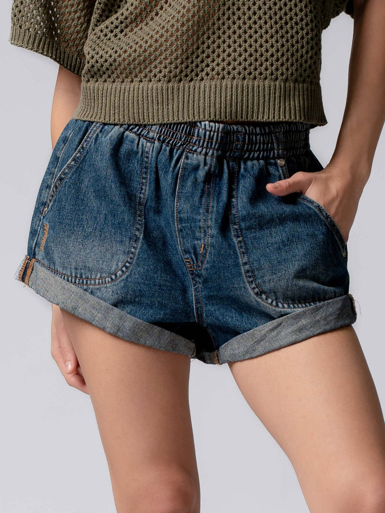 Denim Spring Elastic Waist Cuffed Print Shorts - The Edit LLC