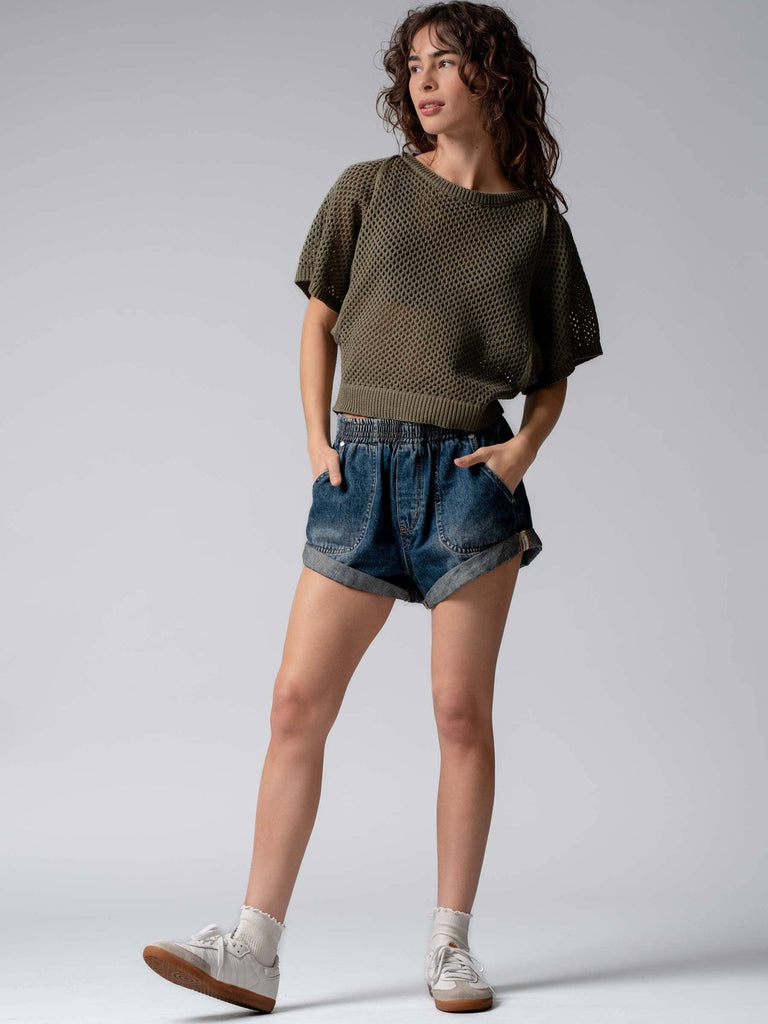Denim Spring Elastic Waist Cuffed Print Shorts - The Edit LLC