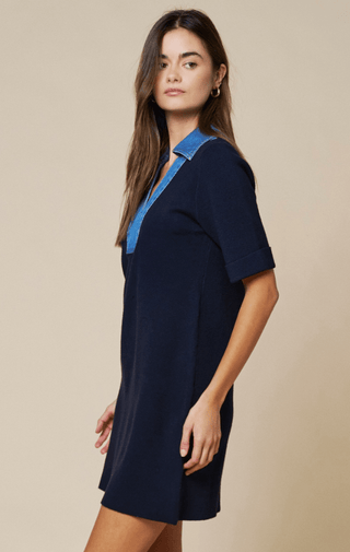Denim Trim V-neck A-line Dress - The Edit LLC