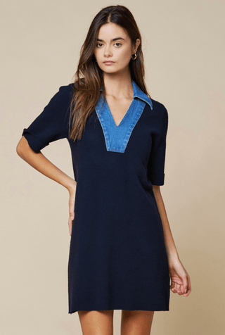 Denim Trim V-neck A-line Dress - The Edit LLC