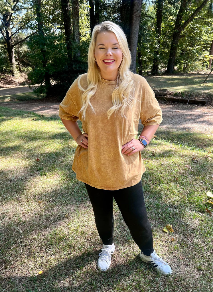 Don't Mind Me Mineral Wash Drop Shoulder Tee in Deep Camel - The Edit LLC