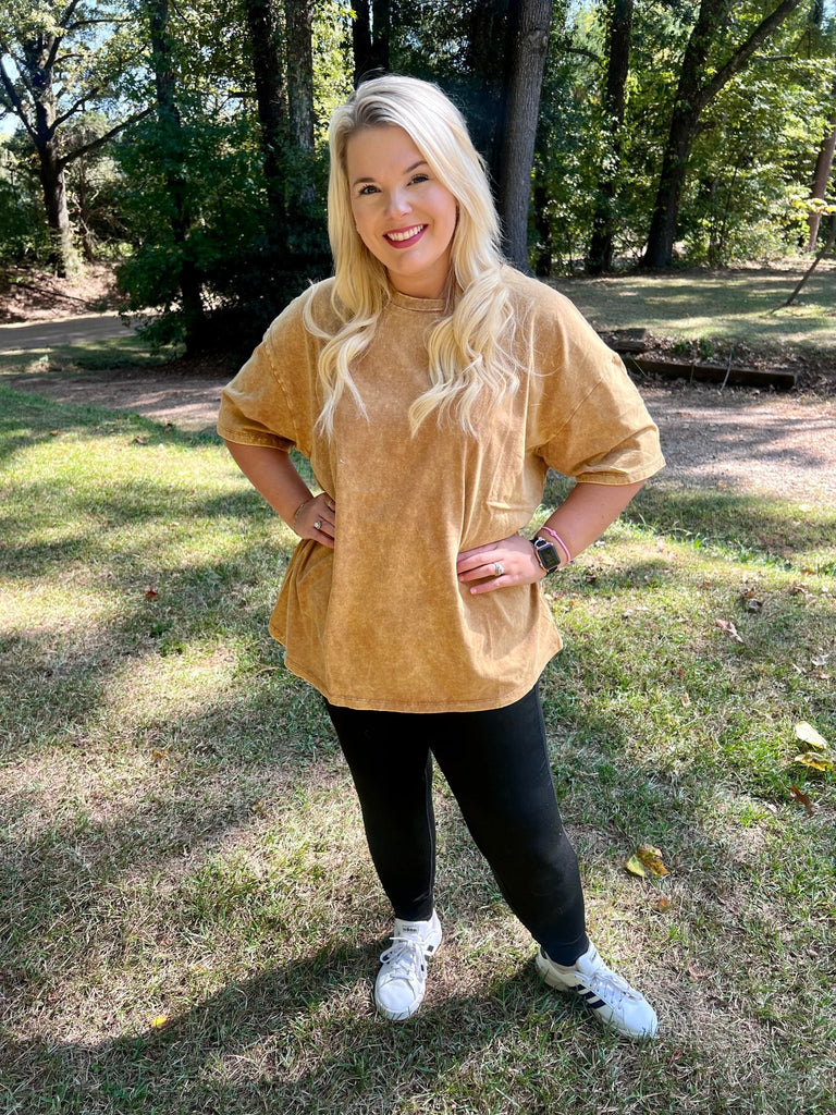 Don't Mind Me Mineral Wash Drop Shoulder Tee in Deep Camel - The Edit LLC