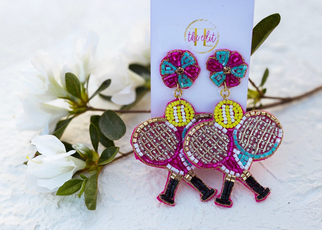 Doubles Tennis Racket Seed Bead Earrings in Fuchsia and Sky Blue - The Edit LLC