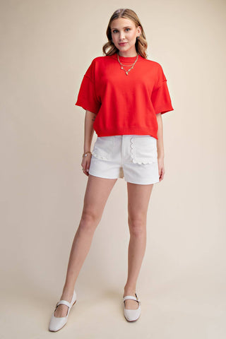 Red Everyday Sweater Elbow-Length Sleeves Seam Detail