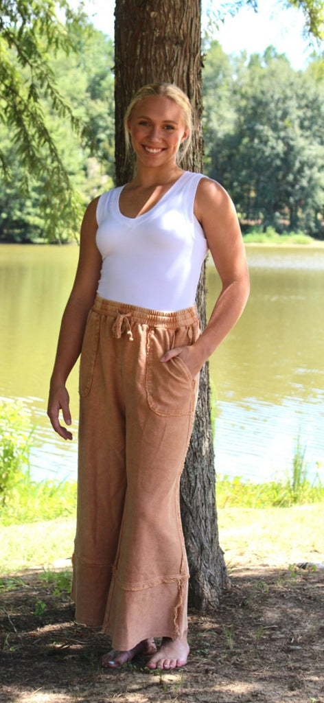 Easel Terry Palazzo Pants - Cinnamon - The Edit LLC