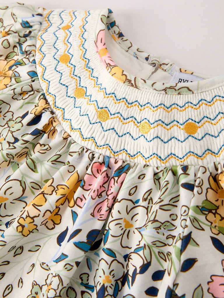 Embroidery Smocking Bow Floral Leaf Baby Girls Romper - The Edit LLC