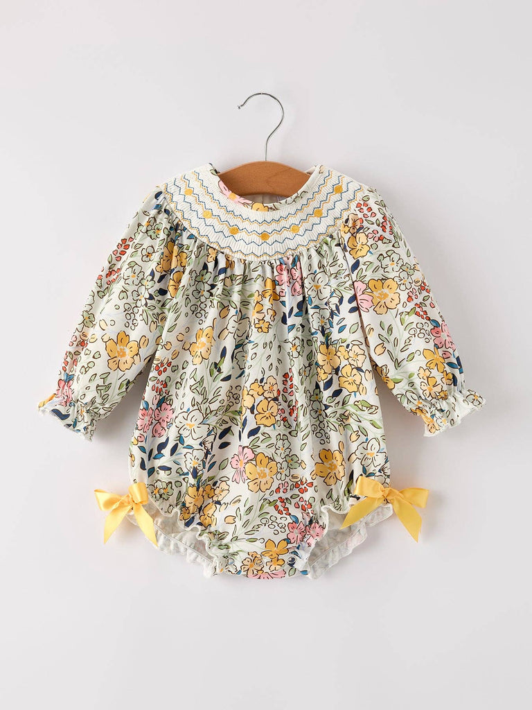 Embroidery Smocking Bow Floral Leaf Baby Girls Romper - The Edit LLC